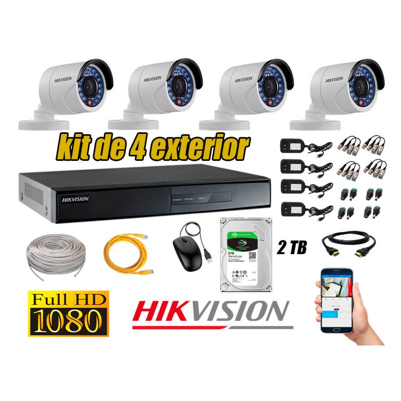HIKVISION - Cámaras de Seguridad Exterior Kit 4 Full HD 1080P + Disco 2TB WD CCTV P2P