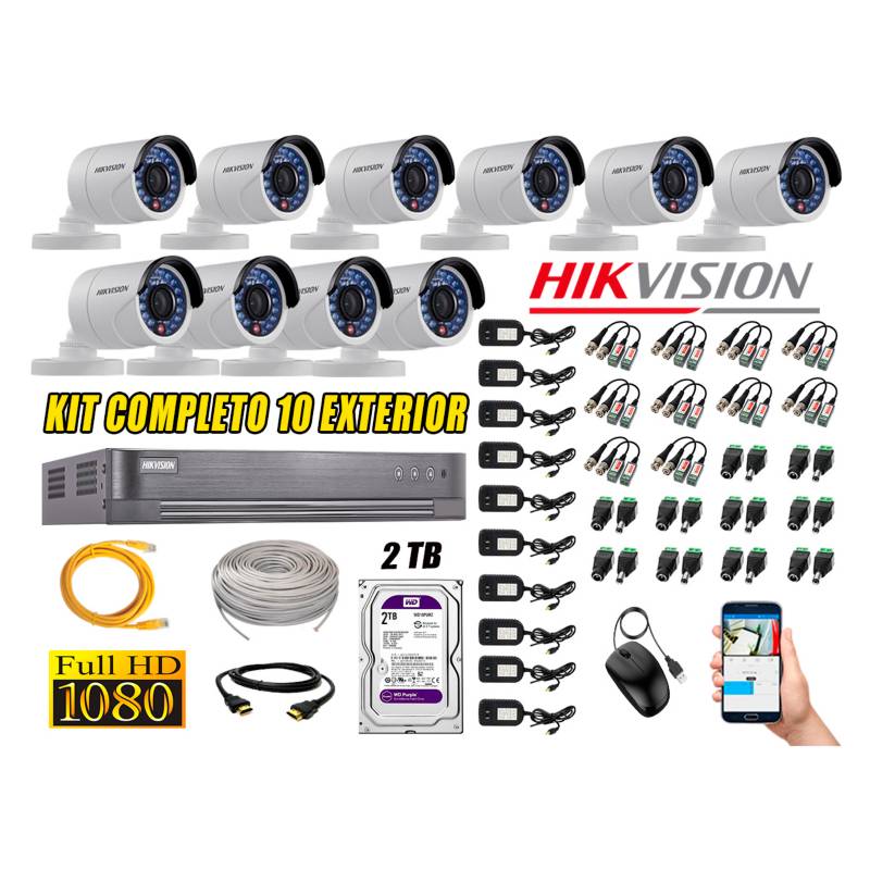 HIKVISION - Cámaras de Seguridad Exterior Kit 10 Full HD 1080P + Disco 2TB WD CCTV P2P