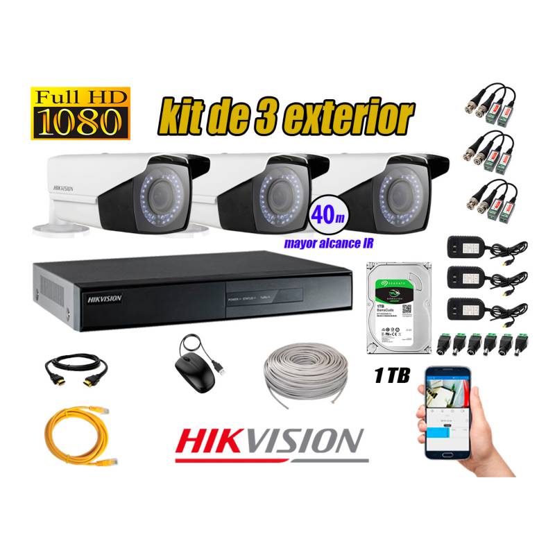 HIKVISION - Cámaras de Seguridad Exterior Varifocal Kit 3 Full HD 1080P + Disco 1TB WD CCTV