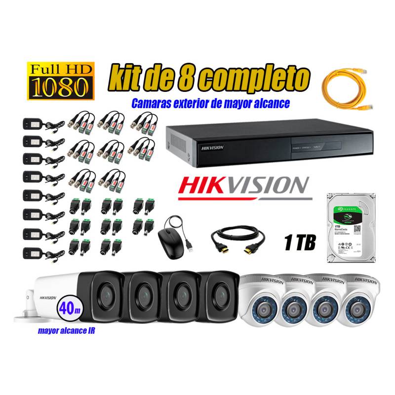HIKVISION - Cámaras Seguridad Kit 8 Full HD 1080P 1TB + Cámara Exterior Mayor Alcance IT3F P2P KIT08-FHD-D083
