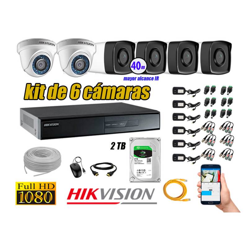 HIKVISION - Cámaras Seguridad Kit 6 Full HD 1080P 2TB + Cámara Exterior Mayor Alcance IT3F P2P