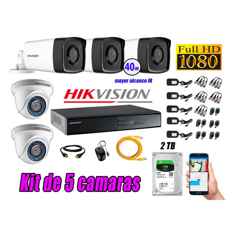 HIKVISION - Cámaras Seguridad Kit 5 Full HD 1080P 2TB + Cámara Exterior Mayor Alcance IT3F