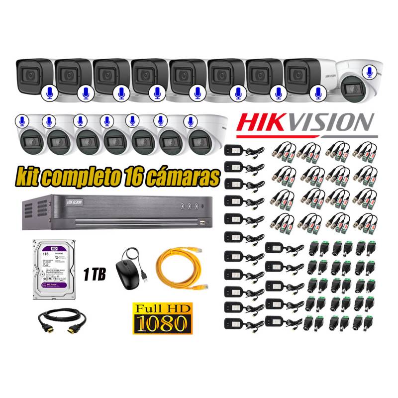 HIKVISION - Kit 16 Cámaras Seguridad Con Audio Incorporado Full HD 1080P Vigilancia CCTV P2P