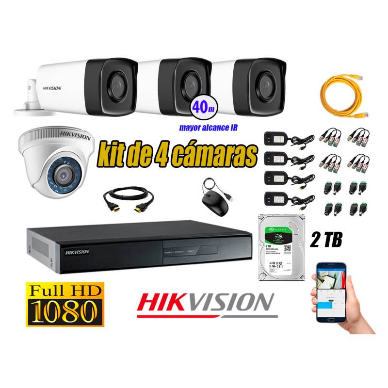 HIKVISION - Cámaras de Seguridad Kit 4 Full HD 1080P 2TB + Cámara Exterior Mayor Alcance IT3F