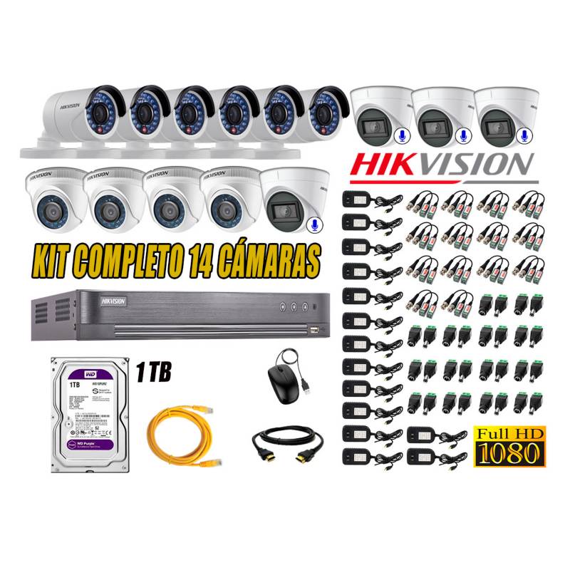 HIKVISION - Kit 14 Cámaras de Seguridad Full HD 1080P | 04 Camaras Con Audio Incorporado CCTV P2P