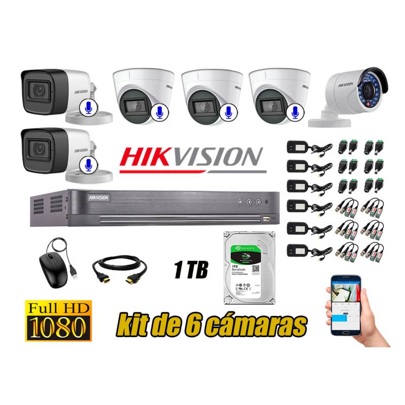 HIKVISION - Kit 6 Cámaras de Seguridad Full HD 1080P | 05 Camaras Con Audio Incorporado CCTV