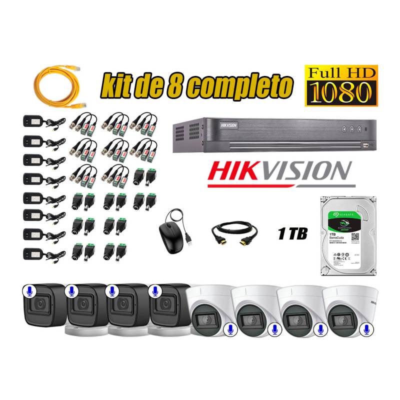 HIKVISION - Kit 8 Cámaras Seguridad Con Audio Incorporado Full HD 1080P Vigilancia CCTV P2P