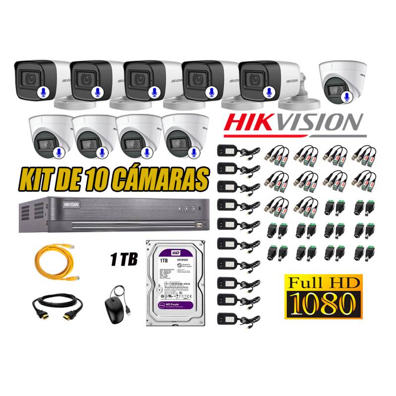 HIKVISION - Kit 10 Cámaras Seguridad Con Audio Incorporado Full HD 1080P Vigilancia CCTV P2P
