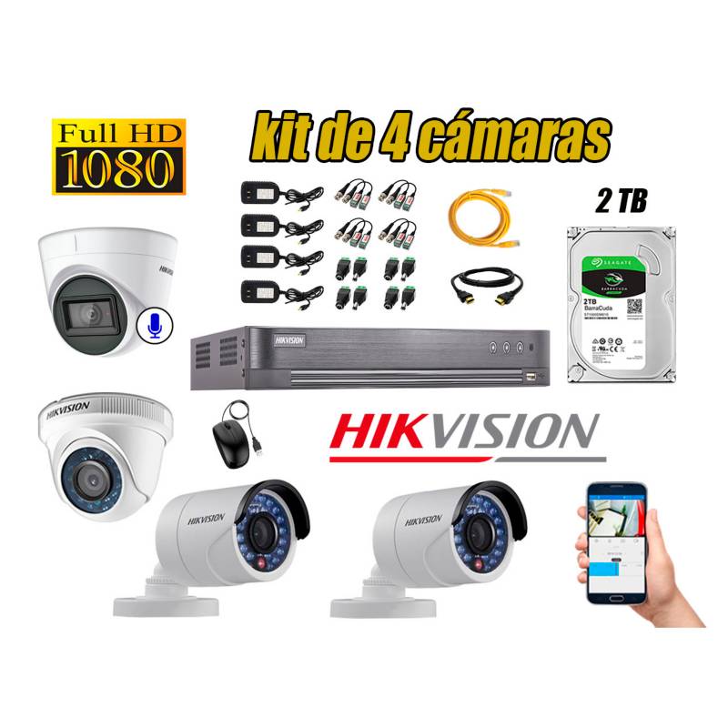 HIKVISION - Kit 4 Cámaras de Seguridad Full HD 1080P | 01 Camara Con Audio Incorporado CCTV