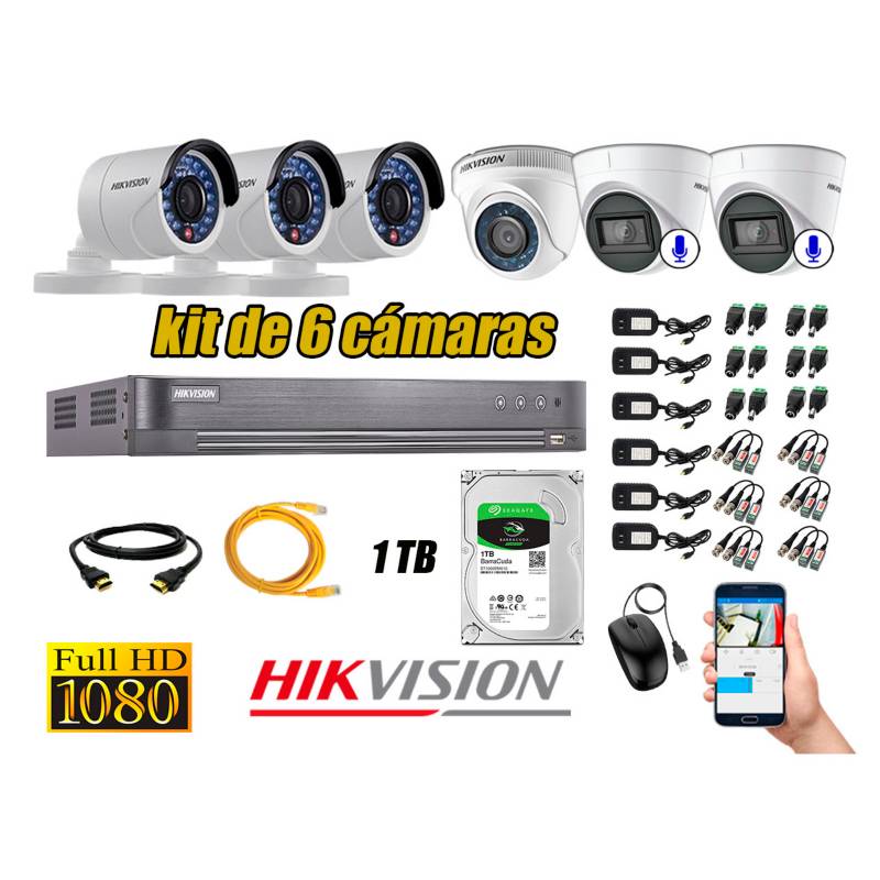 HIKVISION - Kit 6 Cámaras de Seguridad Full HD 1080P | 02 Camaras Con Audio Incorporado CCTV P2P