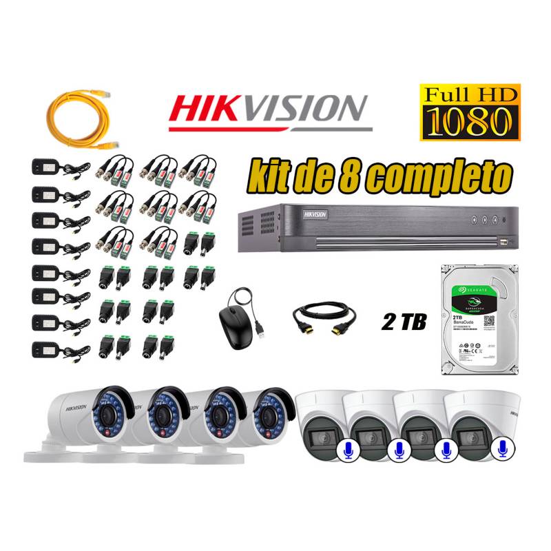 HIKVISION - Kit 8 Cámaras de Seguridad Full HD 1080P | 04 Camaras Con Audio Incorporado CCTV