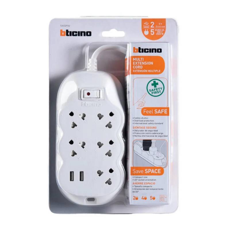 Enchufe Tomacorriente Extensión Múltiple 4 Tomas + 4 Puertos USB - Promart