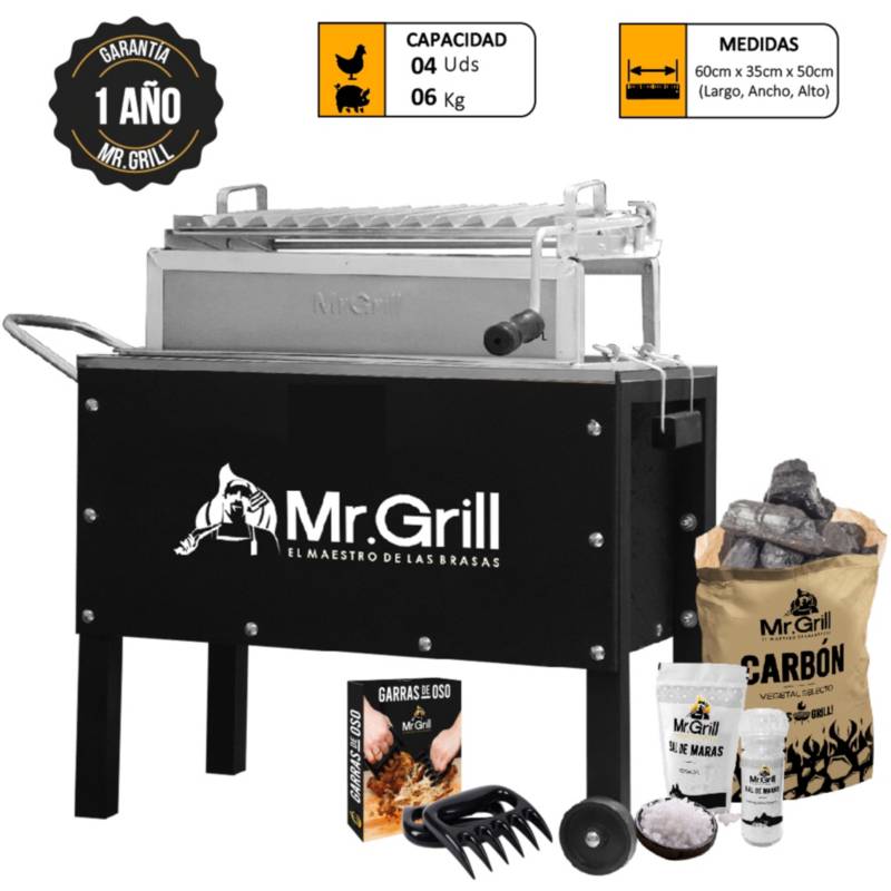 MR GRILL - Combo Caja China Mr Grill Med Jr 35x50x60 cm Black Inoxidable + Parr. Regulable + Carbón + Sal + Garras de Oso