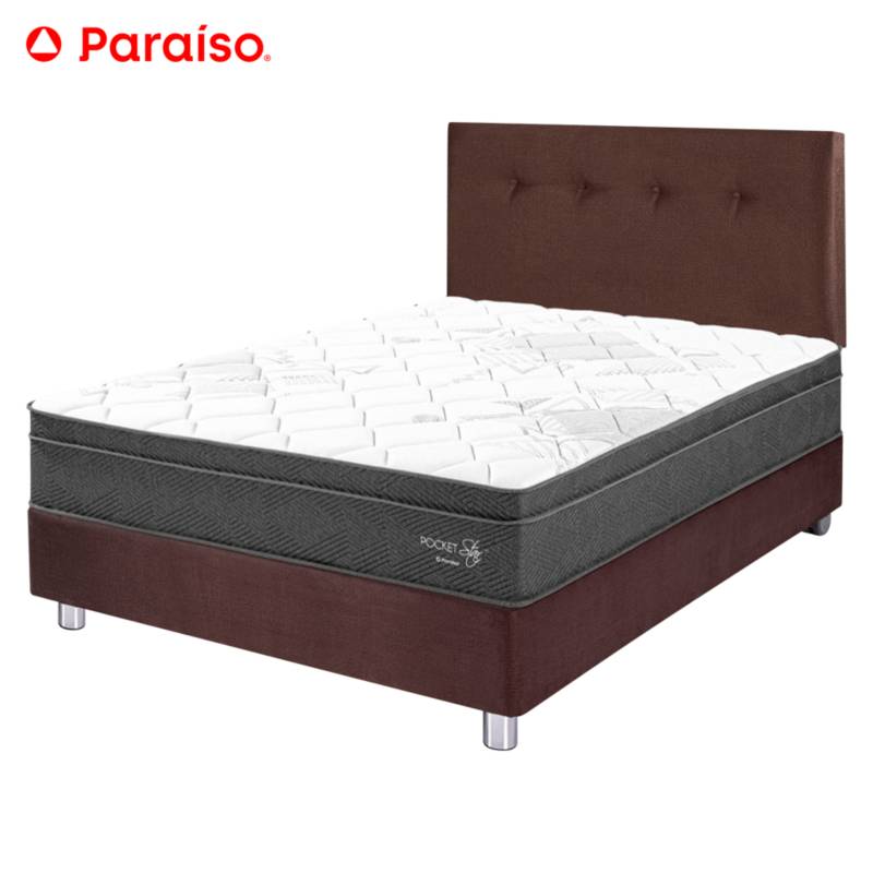 PARAISO - Dormitorio Pocket Star 2 Plazas Chocolate + 2 Almohadas + Protector