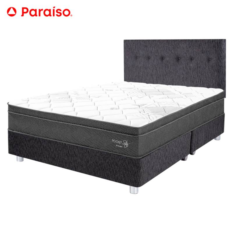 PARAISO - Dormitorio Paraíso Pocket Star Queen Charcoal + Colchón + 2 Almohadas + Protector