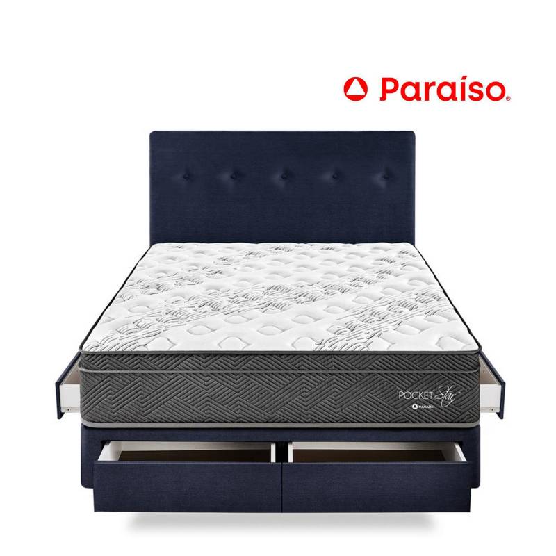 PARAISO - Dormitorio con Cajones Paraíso Pocket Star 2 Plazas Azul + Colchón + 2 Almohadas + Protector
