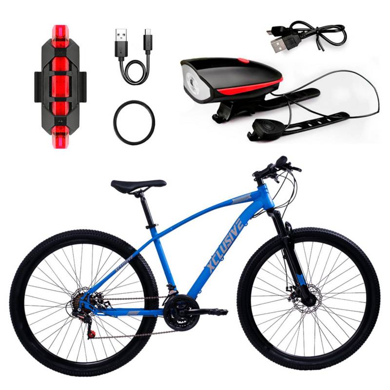 XCLUSIVE - Bicicleta de Acero Xclusive Aro 29 Az Disco Mecánico + Kit De Luces Xclusive Delantera Ro Y Trasera Ro