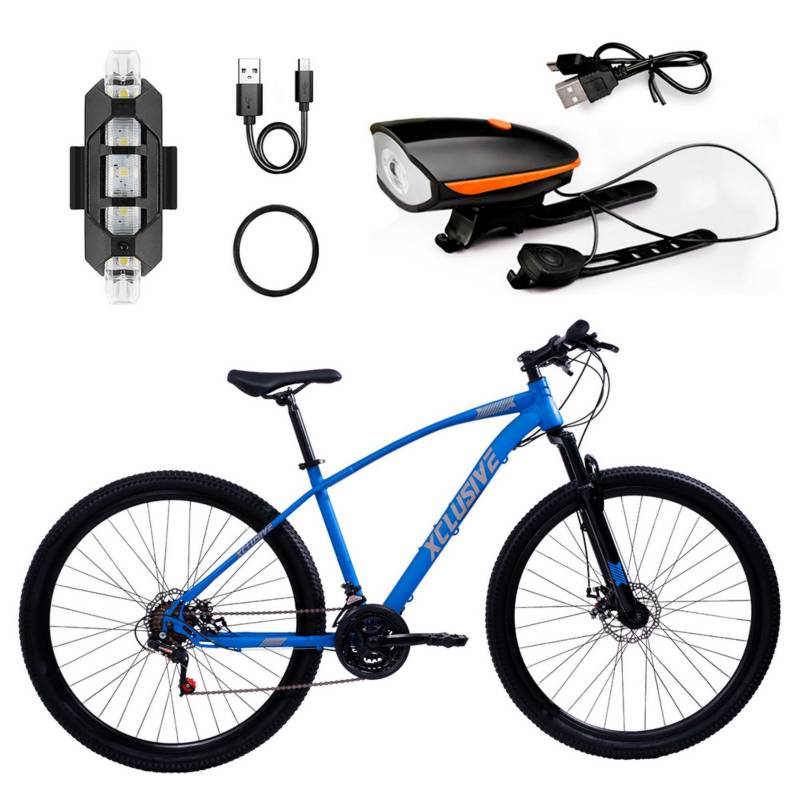 XCLUSIVE - Bicicleta de Acero Xclusive Aro 29 Az Disco Mecánico + Kit De Luces Xclusive Delantera Na Y Trasera Bl