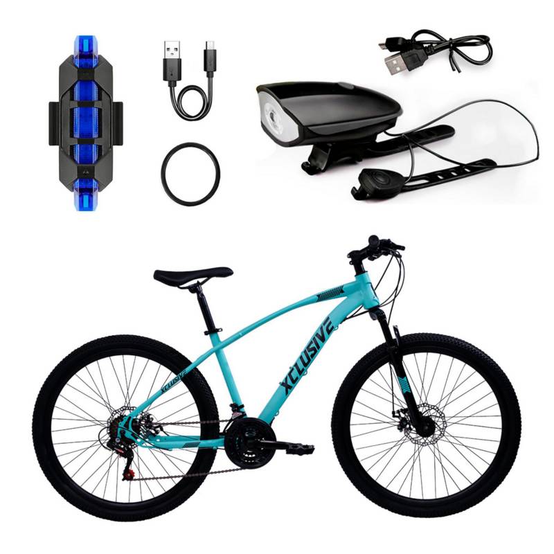 XCLUSIVE - Bicicleta de Acero Xclusive Aro 26 Tn Disco Mecánico + Kit De Luces Xclusive Delantera Ne Y Trasera Az