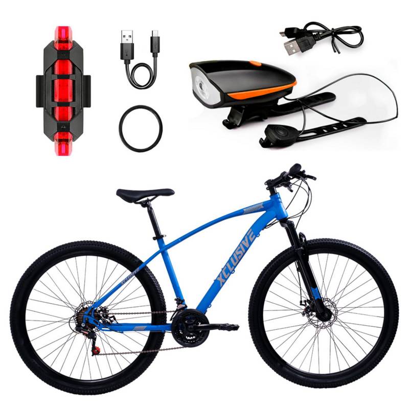 XCLUSIVE - Bicicleta de Acero Xclusive Aro 29 Az Disco Mecánico + Kit De Luces Xclusive Delantera Na Y Trasera Ro