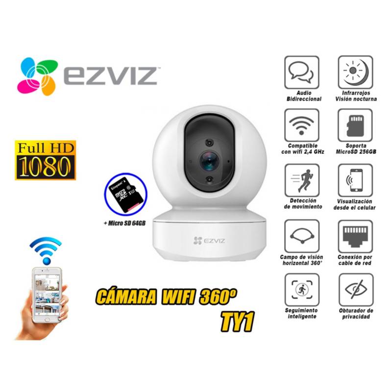 EZVIZ - Cámara de Seguridad Wifi 360° TY1 Full HD micro SD 64GB