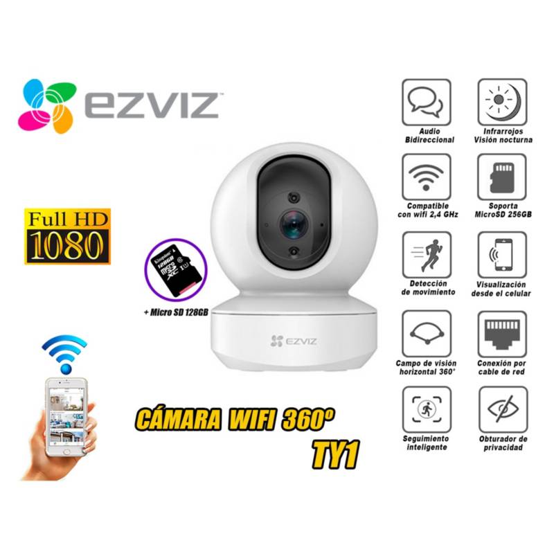 EZVIZ - Cámara de Seguridad Wifi 360° TY1 Full HD micro SD 128GB