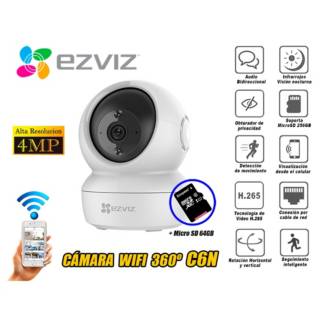 EZVIZ - Cámara WiFi Inalámbrica 4MP Giratoria 360° C6N micro SD 64GB