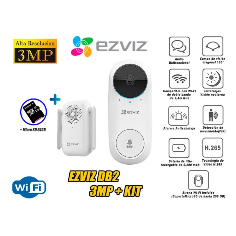 EZVIZ - Kit Videoportero DB2 Inalámbrico Timbre WiFi Micro SD 64GB 3MP