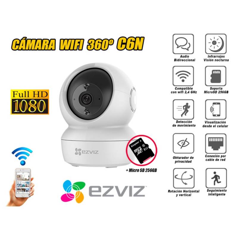 EZVIZ - Cámara WiFi Inalámbrica Full HD Gira 360° C6N micro SD 256GB