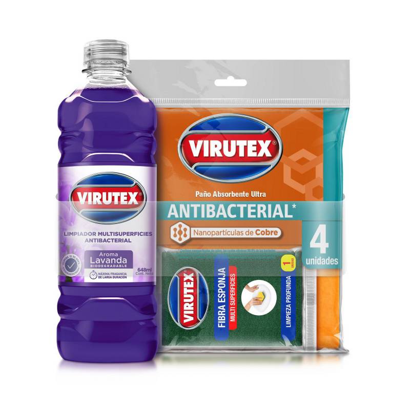 VIRUTEX - Pack Limpiador Superficies Antibacterial Lavanda 648ml + 4 Paños Absorbente Ultra + 1 Esponja Multi Superficies