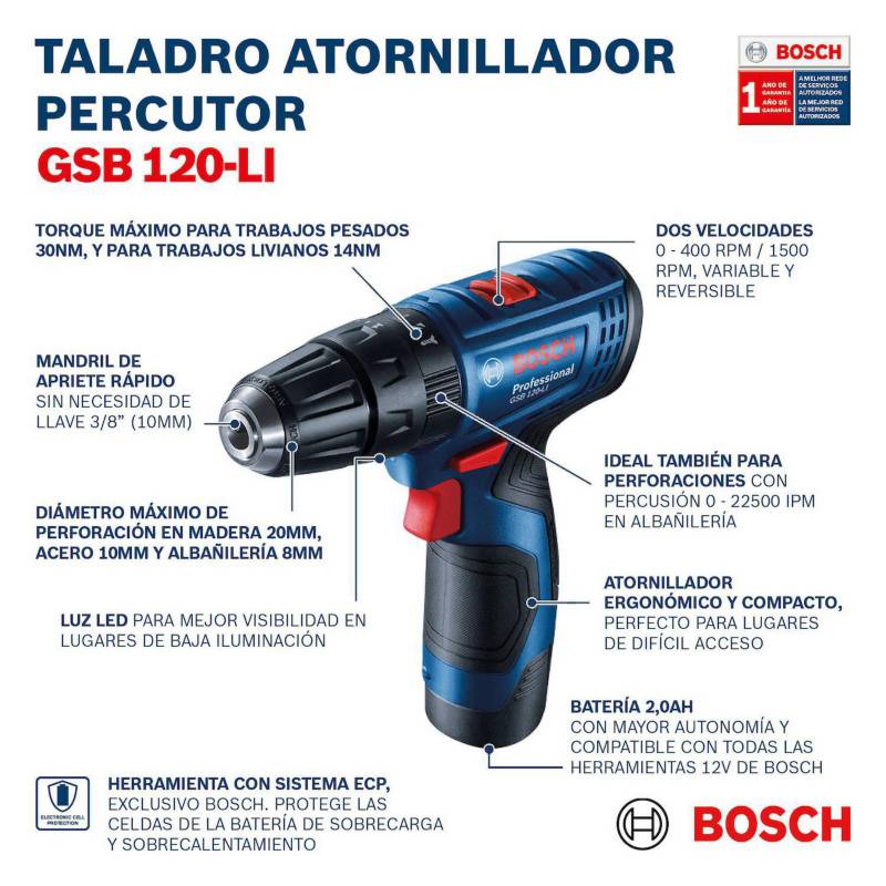 Taladro Percutor/Atornillador Inalámbrico GSB 120-LI 3/8 12V (Sin batería)  Bosch