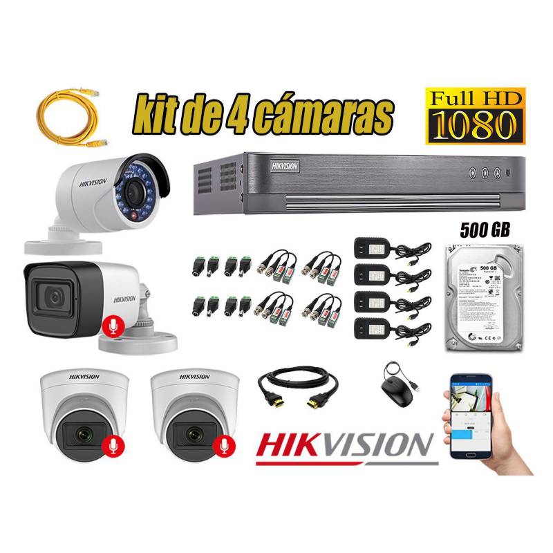 HIKVISION - Kit 4 Cámaras Seguridad Full Hd Hikvision 3 Camara Audio Incorporado Lite
