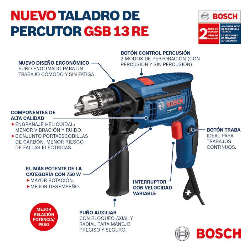 Taladro percutor Bosch GSB 13 RE Professional con maletín y set 4 brocas -  600W