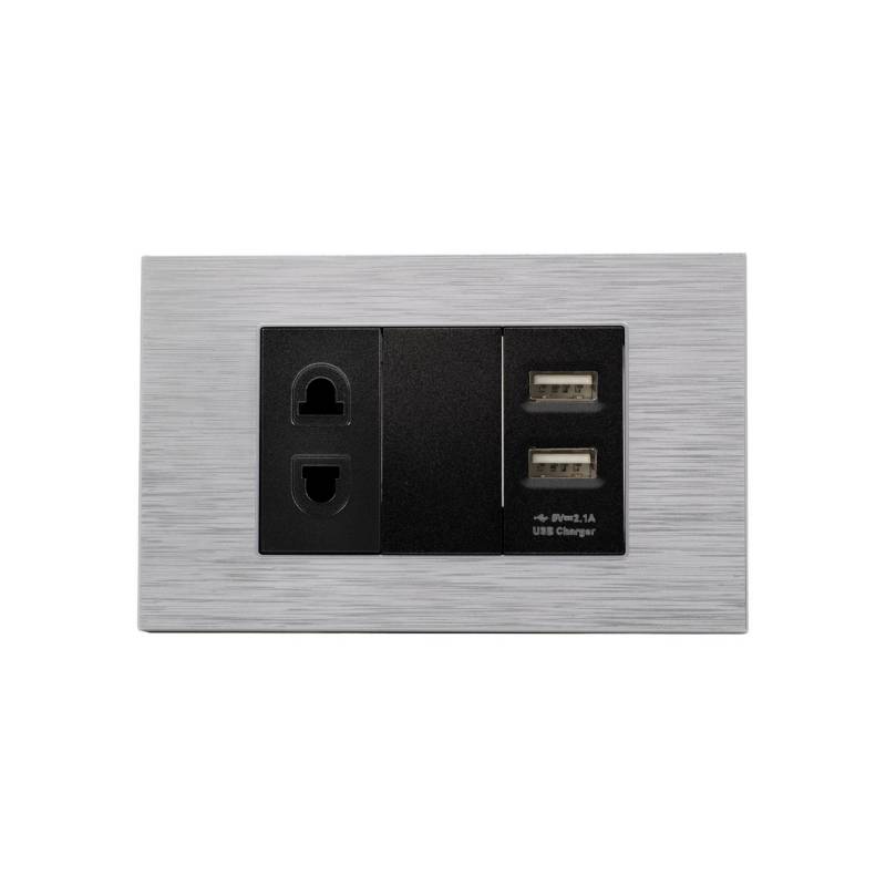 HALUX - Tomacorriente Simple + 2 Tomas USB Andromeda Metalico Negro