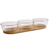 Set de 3 bowls de vidrio con base bamboo