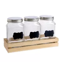 Pack de 3 frascos de vidrio con base de madera
