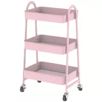Carrito de cocina de metal y plástico rosa con ruedas